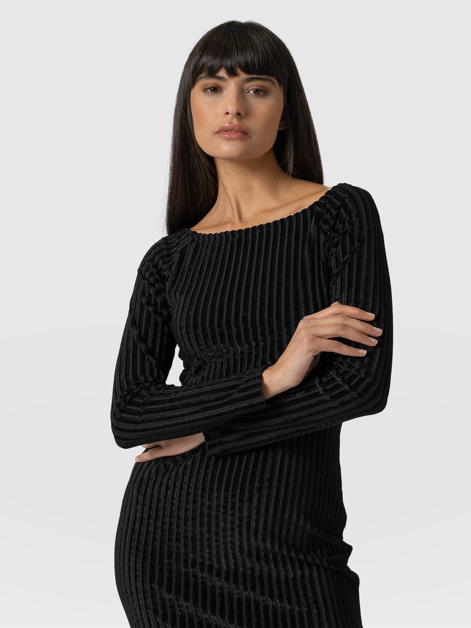 Riviera Long Sleeve Dress Black Stripe Velvet - Women's Dresses | Saint + Sofia® EU